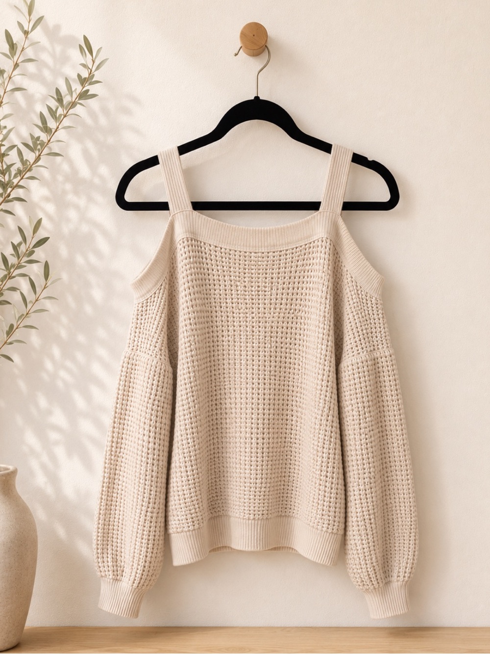 In Loom Cream Off-Shoulder Waffle Knit Sweater